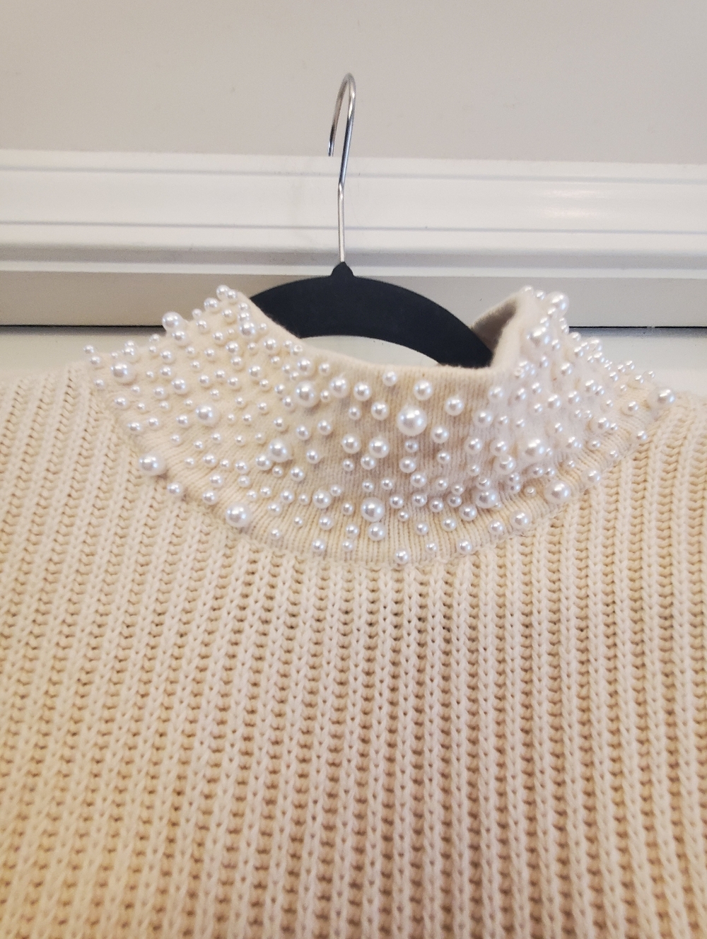 Tyler Boe Cotton Cashmere Pearl-Embellished Cream Turtleneck Sweater Size L